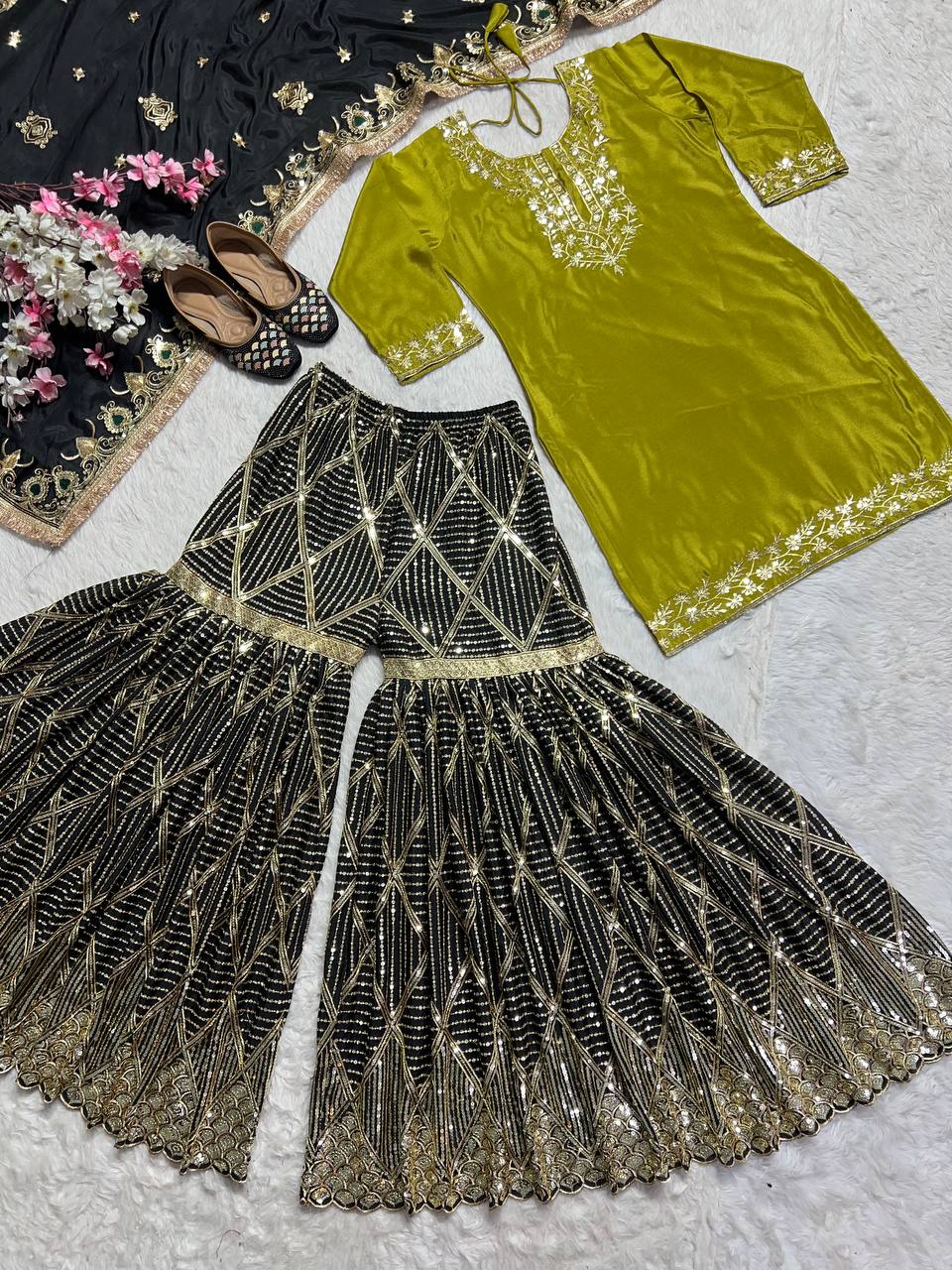 Wedding Wear Green Color Pure Heavy Chinon Silk With Embroidery Work Beautiful Sharara Suit