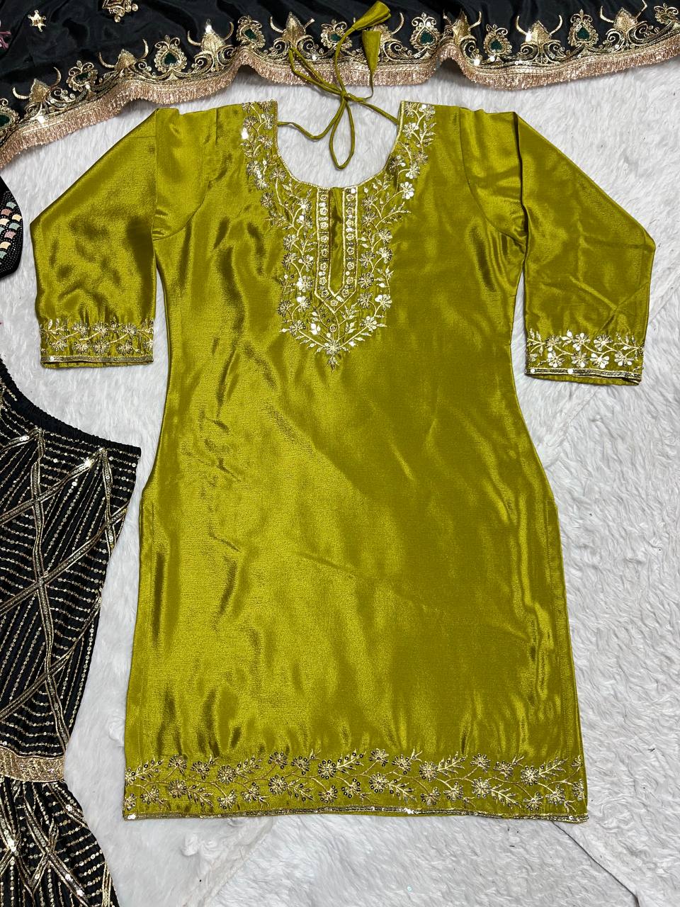 Wedding Wear Green Color Pure Heavy Chinon Silk With Embroidery Work Beautiful Sharara Suit
