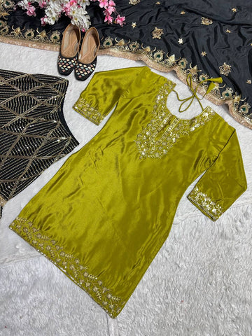 Wedding Wear Green Color Pure Heavy Chinon Silk With Embroidery Work Beautiful Sharara Suit