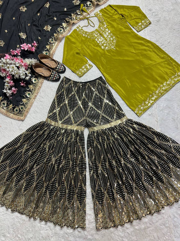 Wedding Wear Green Color Pure Heavy Chinon Silk With Embroidery Work Beautiful Sharara Suit