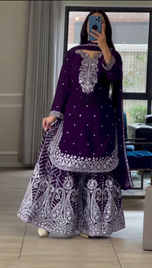 Occasion Wear Purple Color Pure Heavy Chinon Silk With Heavy Embroidery Work Palazzo Suit