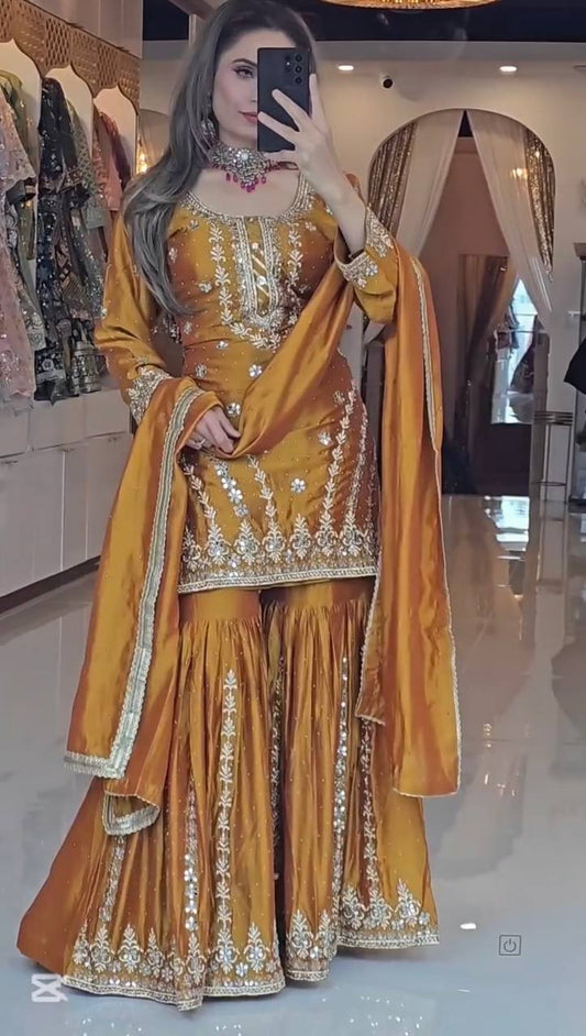 Wedding Wear Mustard Color Heavy Faux Georgette With 5mm Embroidery Sequence Work Sharara Suit