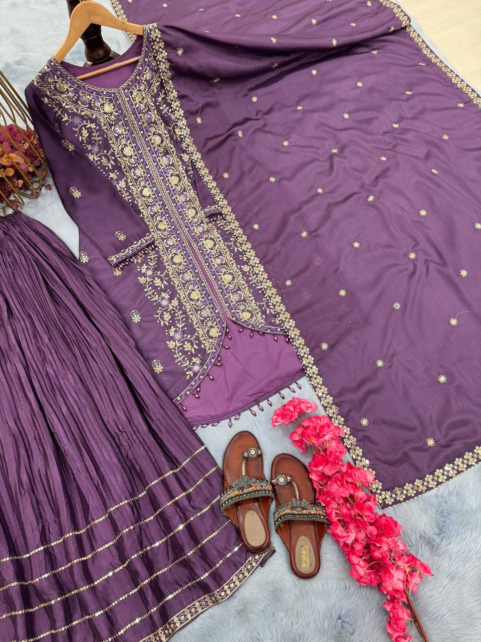 Ravishing Lavender Color Heavy Pure Chinon Silk With Heavy Embroidery Designer Palazzo Suit