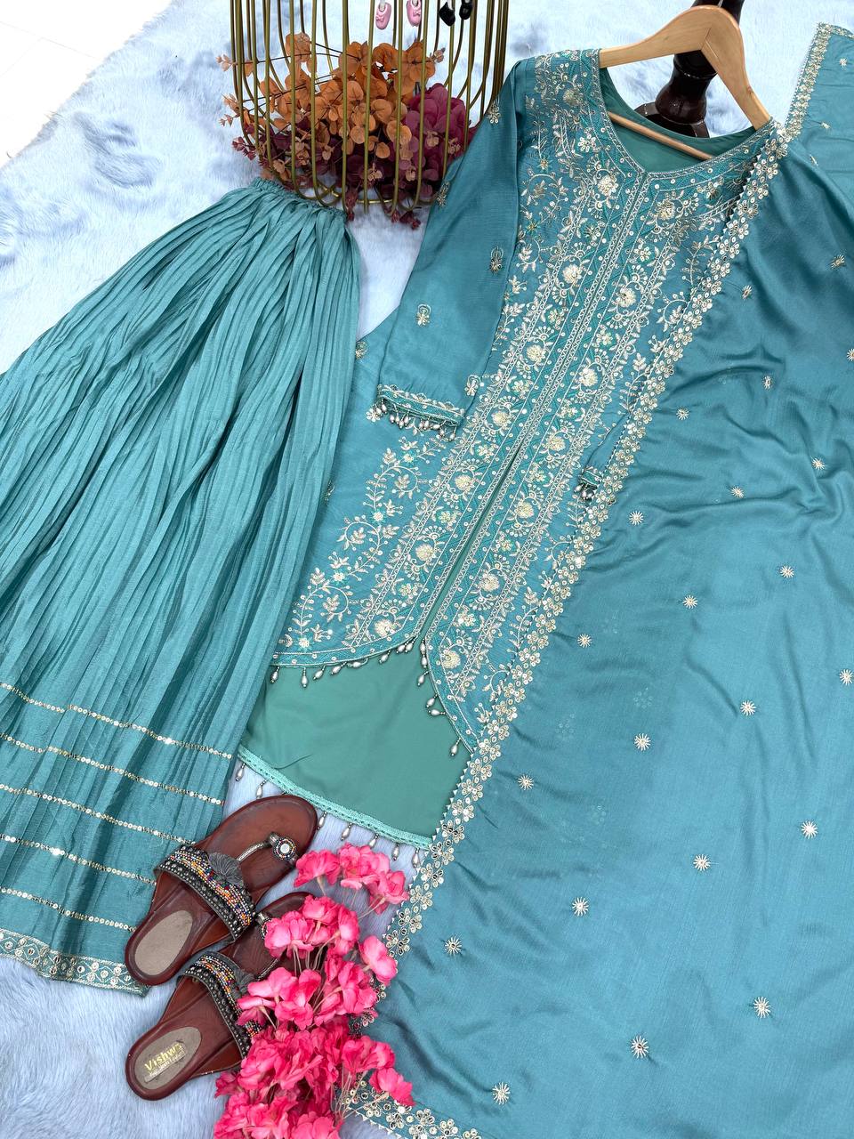 Ravishing Sky Blue Color Heavy Pure Chinon Silk With Heavy Embroidery Designer Palazzo Suit