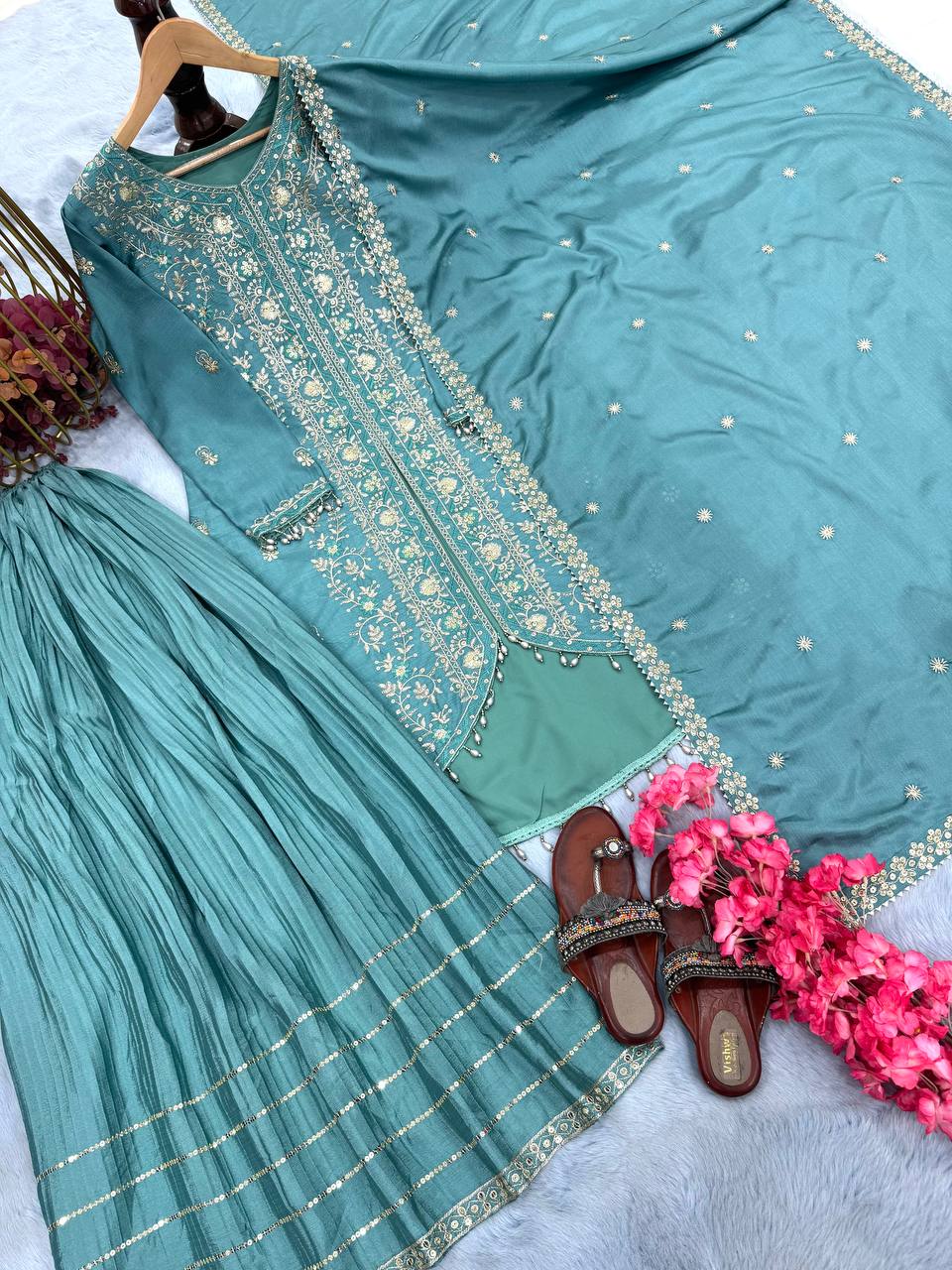 Ravishing Sky Blue Color Heavy Pure Chinon Silk With Heavy Embroidery Designer Palazzo Suit