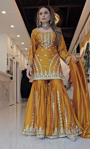 Blissful Golden Color Pure Heavy Chinon Silk With Embroidery Work Sharara Suit