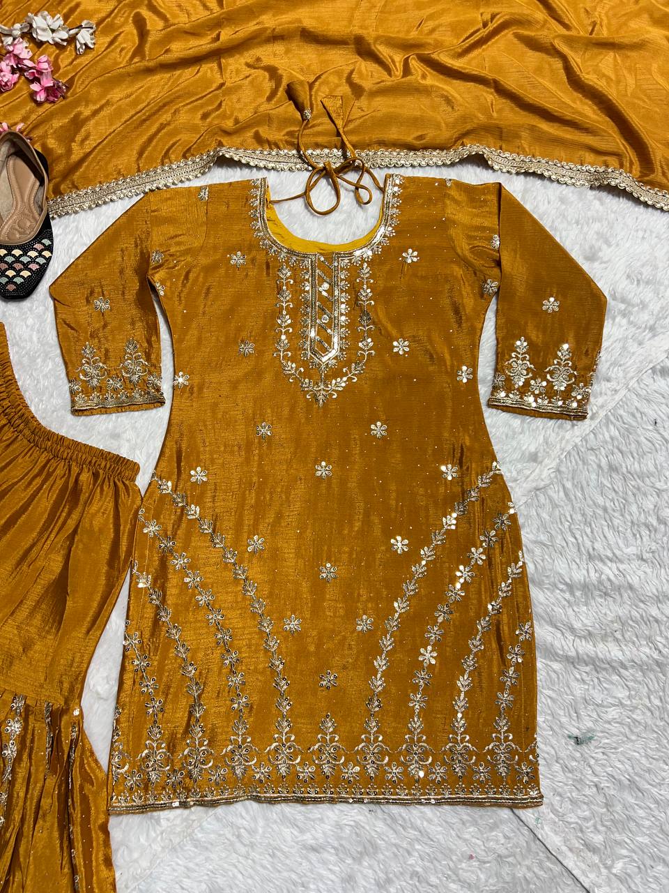 Blissful Golden Color Pure Heavy Chinon Silk With Embroidery Work Sharara Suit