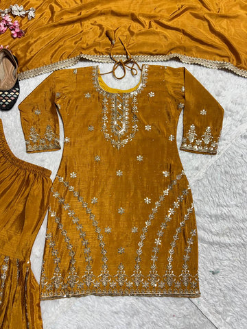 Blissful Golden Color Pure Heavy Chinon Silk With Embroidery Work Sharara Suit