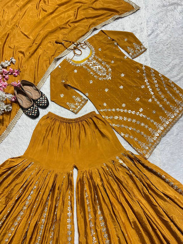 Blissful Golden Color Pure Heavy Chinon Silk With Embroidery Work Sharara Suit