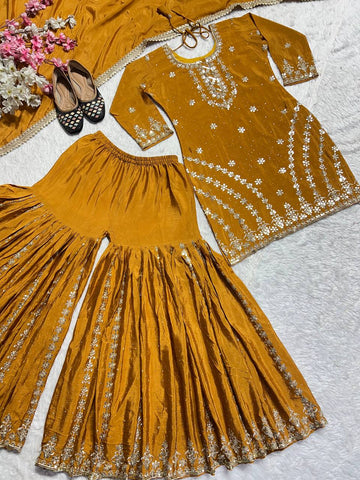 Blissful Golden Color Pure Heavy Chinon Silk With Embroidery Work Sharara Suit