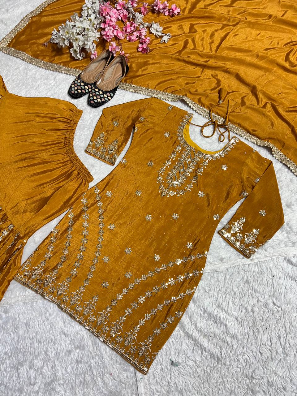 Blissful Golden Color Pure Heavy Chinon Silk With Embroidery Work Sharara Suit