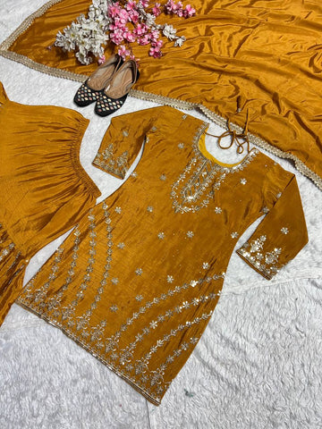Blissful Golden Color Pure Heavy Chinon Silk With Embroidery Work Sharara Suit