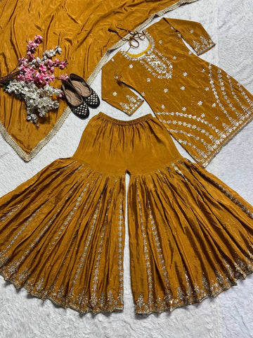 Blissful Golden Color Pure Heavy Chinon Silk With Embroidery Work Sharara Suit
