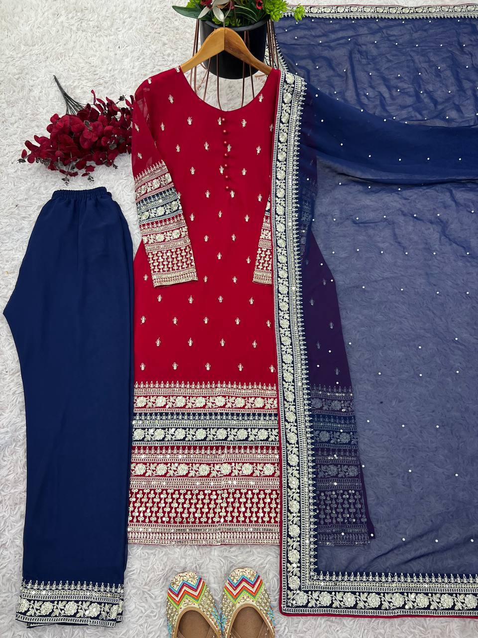 Embellished Maroon Color Faux Georgette With Heavy Embroidery Sequence Work Salwar Suit