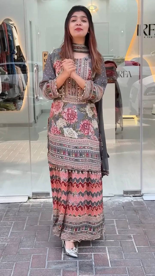 Beautiful Multi Color Heavy Faux Georgette Digital Print With Real Mirror Hand Work Palazzo Suit