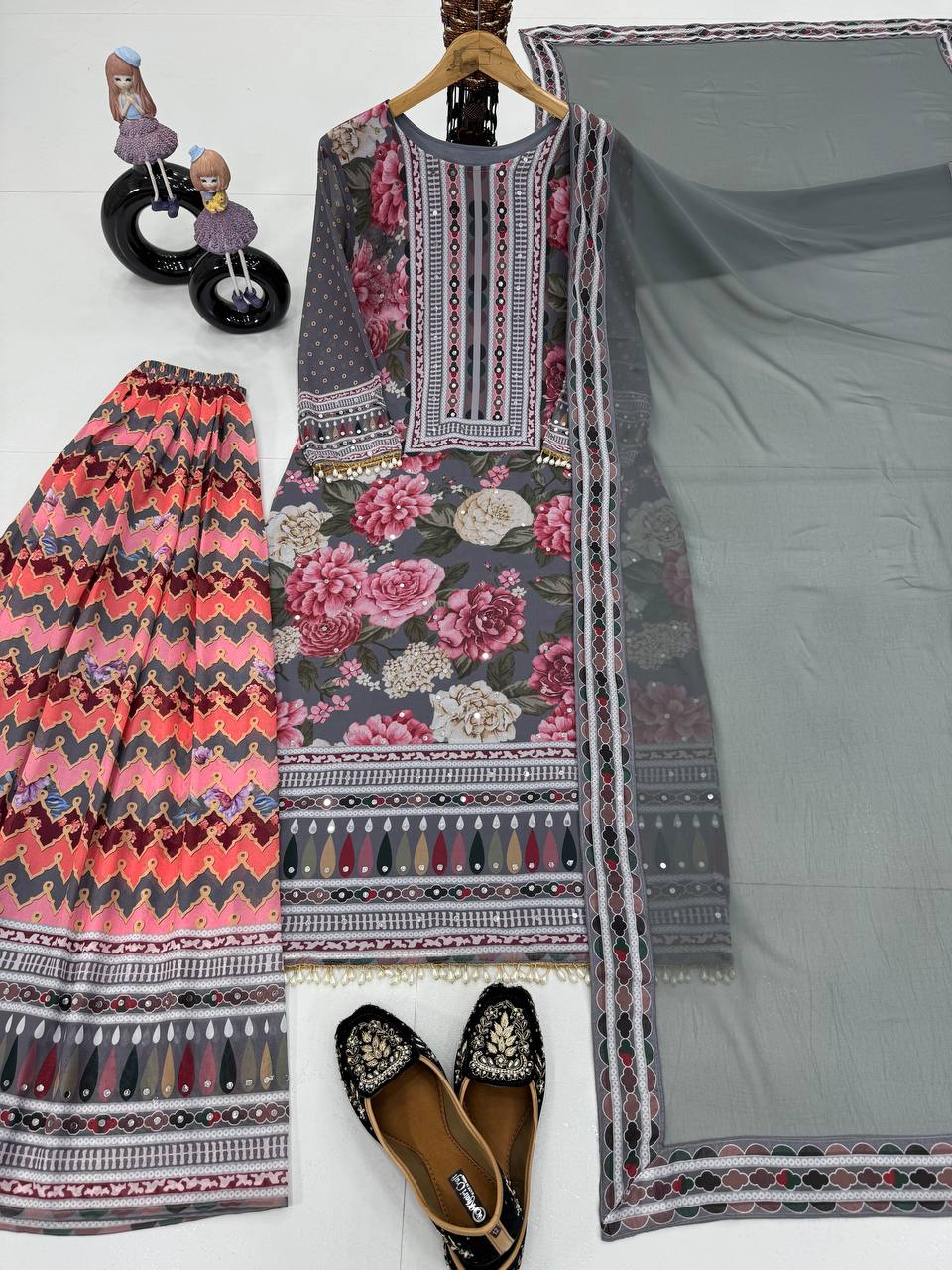Beautiful Multi Color Heavy Faux Georgette Digital Print With Real Mirror Hand Work Palazzo Suit