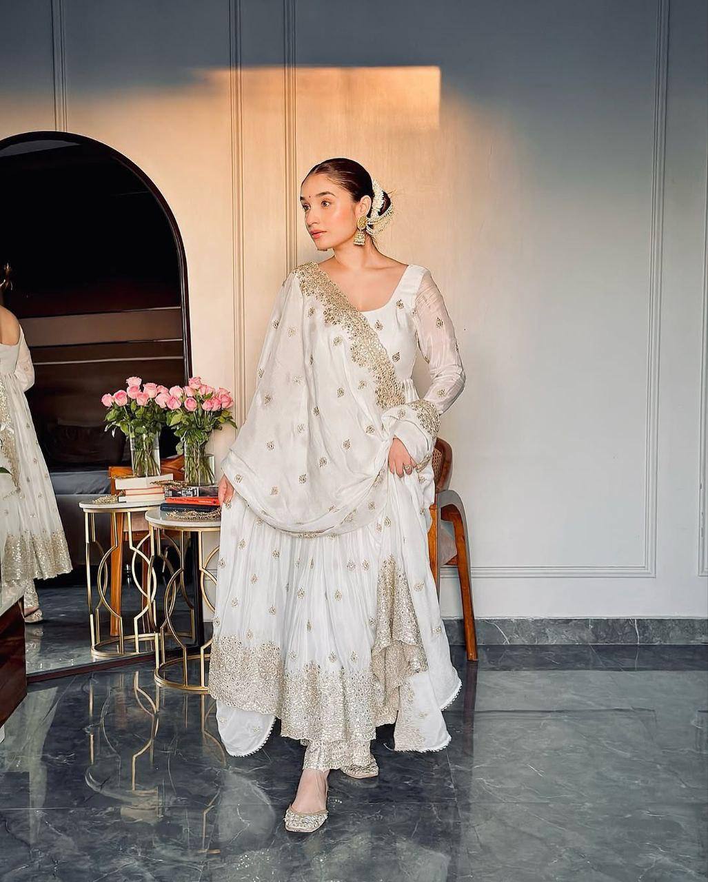 Wedding Wear White Color Faux Blooming With Heavy Sequins And Embroidered Zari Work Anarkali Suit