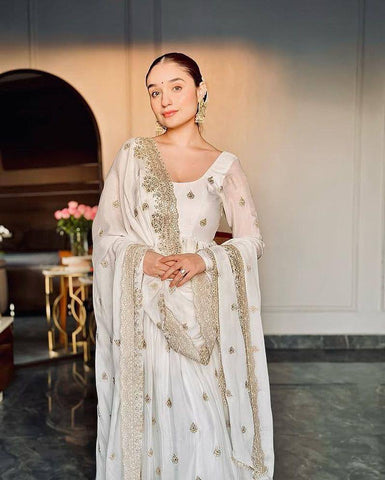 Wedding Wear White Color Faux Blooming With Heavy Sequins And Embroidered Zari Work Anarkali Suit