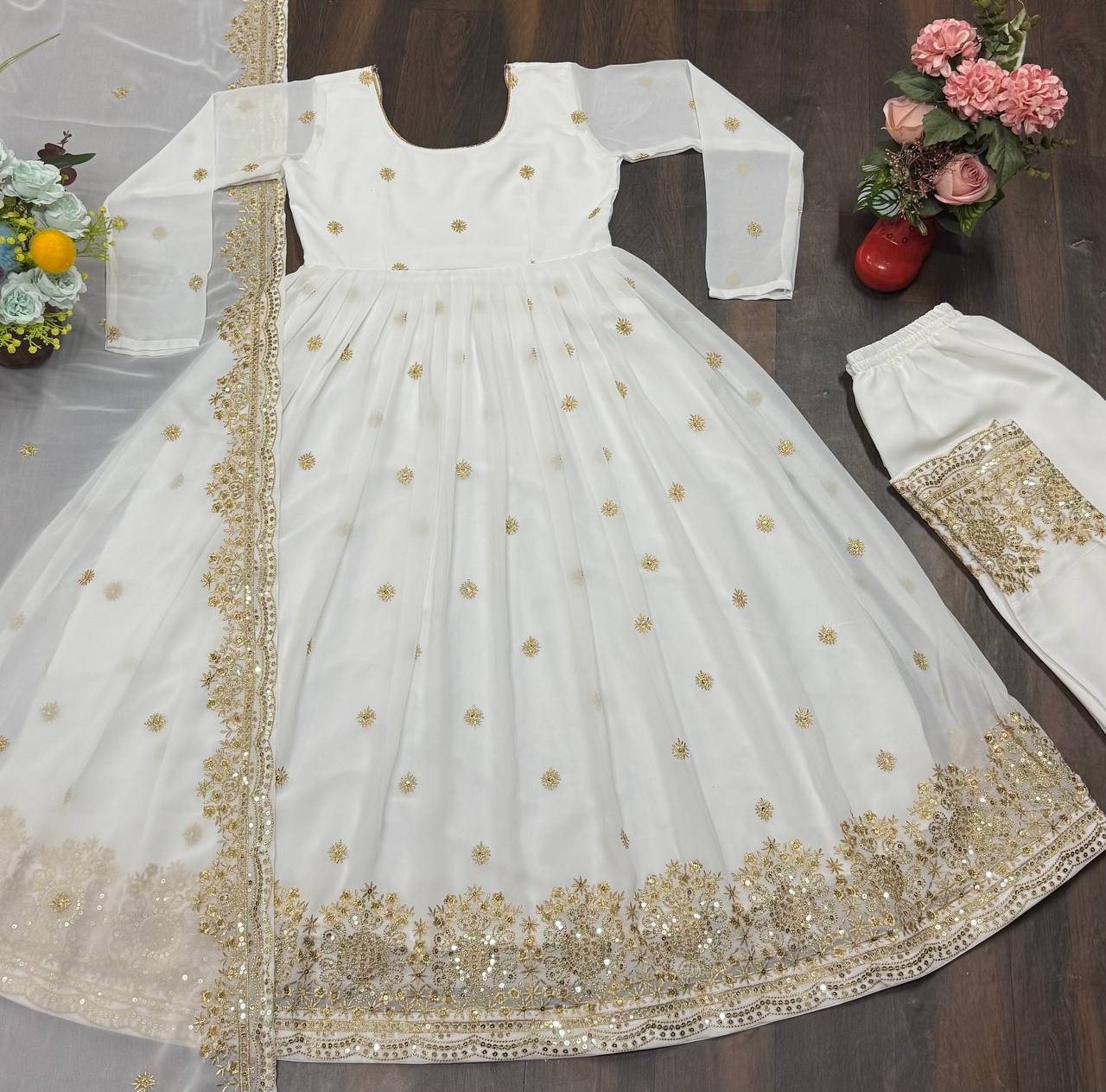 Wedding Wear White Color Faux Blooming With Heavy Sequins And Embroidered Zari Work Anarkali Suit