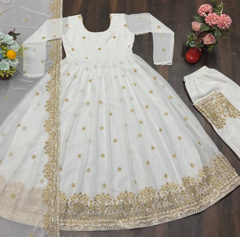 Wedding Wear White Color Faux Blooming With Heavy Sequins And Embroidered Zari Work Anarkali Suit