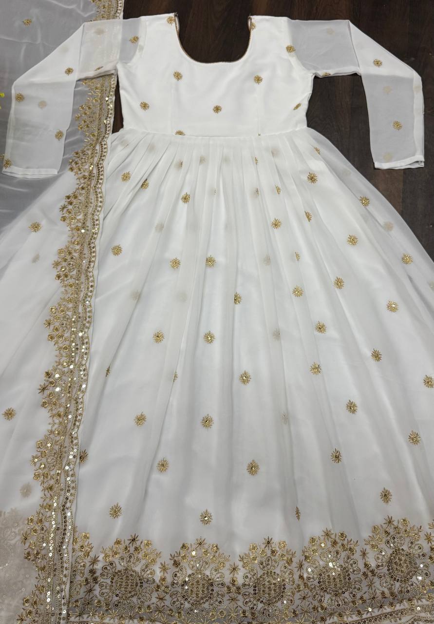 Wedding Wear White Color Faux Blooming With Heavy Sequins And Embroidered Zari Work Anarkali Suit