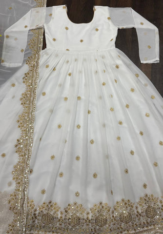 Wedding Wear White Color Faux Blooming With Heavy Sequins And Embroidered Zari Work Anarkali Suit
