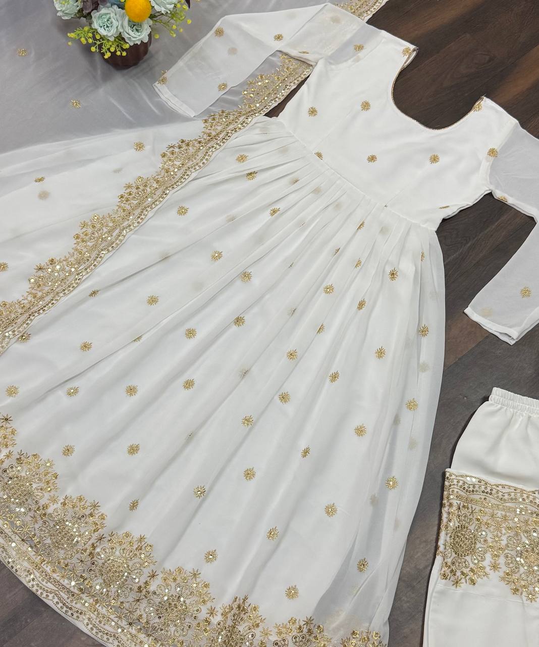 Wedding Wear White Color Faux Blooming With Heavy Sequins And Embroidered Zari Work Anarkali Suit