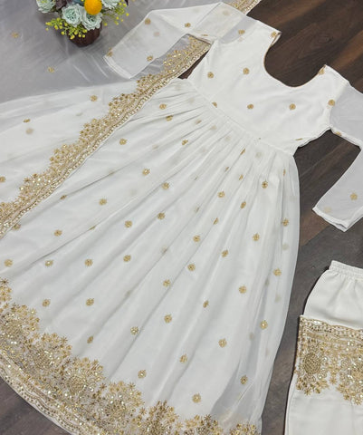 Wedding Wear White Color Faux Blooming With Heavy Sequins And Embroidered Zari Work Anarkali Suit