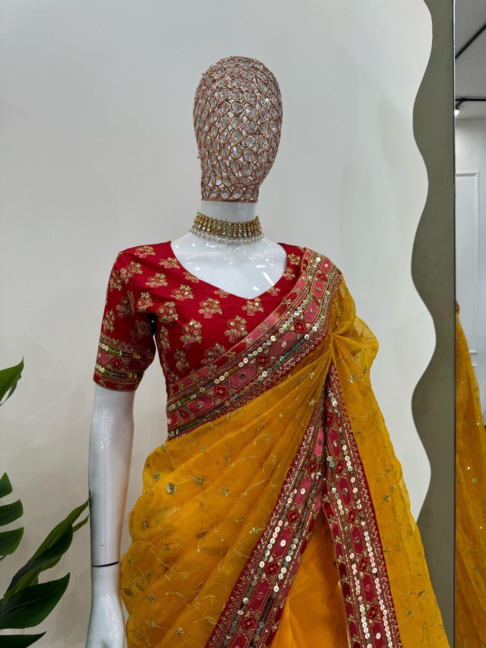Ceremony Wear Yellow Color Heavy Organza Silk Sequence With Thread Work Saree