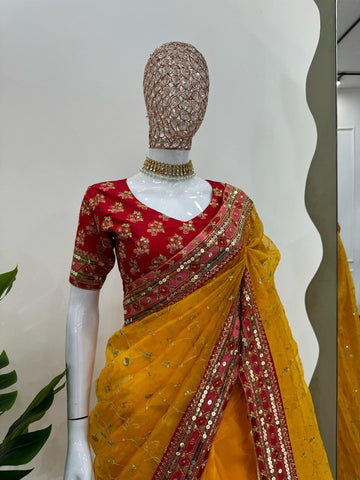 Ceremony Wear Yellow Color Heavy Organza Silk Sequence With Thread Work Saree
