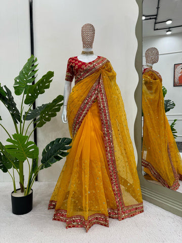 Ceremony Wear Yellow Color Heavy Organza Silk Sequence With Thread Work Saree