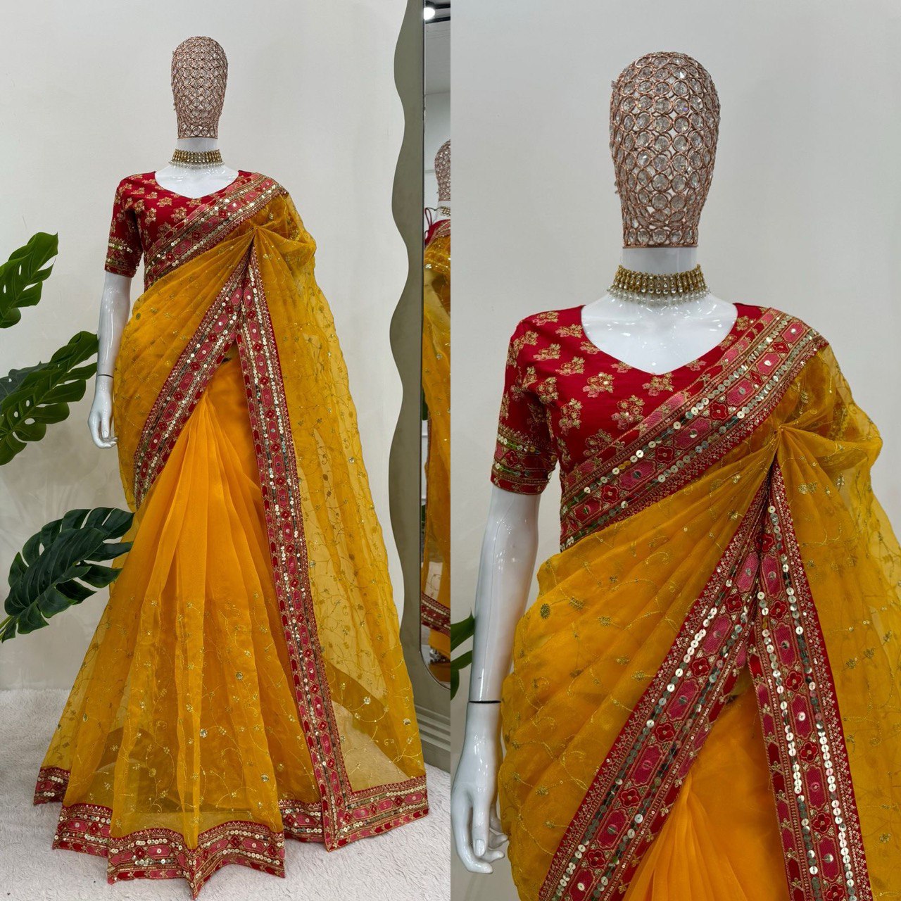 Ceremony Wear Yellow Color Heavy Organza Silk Sequence With Thread Work Saree