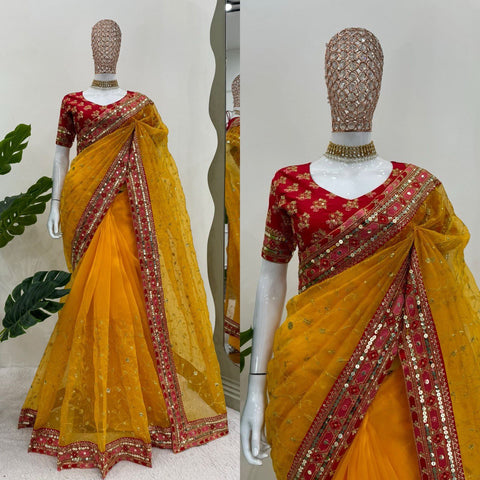 Ceremony Wear Yellow Color Heavy Organza Silk Sequence With Thread Work Saree