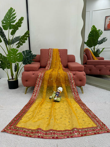 Ceremony Wear Yellow Color Heavy Organza Silk Sequence With Thread Work Saree