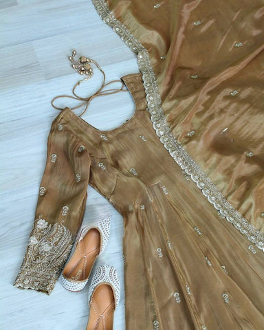 Luxury Beige Color Pure Jimmy Choo With Sequence And Embroidery Work Anarkali Suit