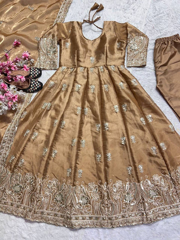 Luxury Beige Color Pure Jimmy Choo With Sequence And Embroidery Work Anarkali Suit