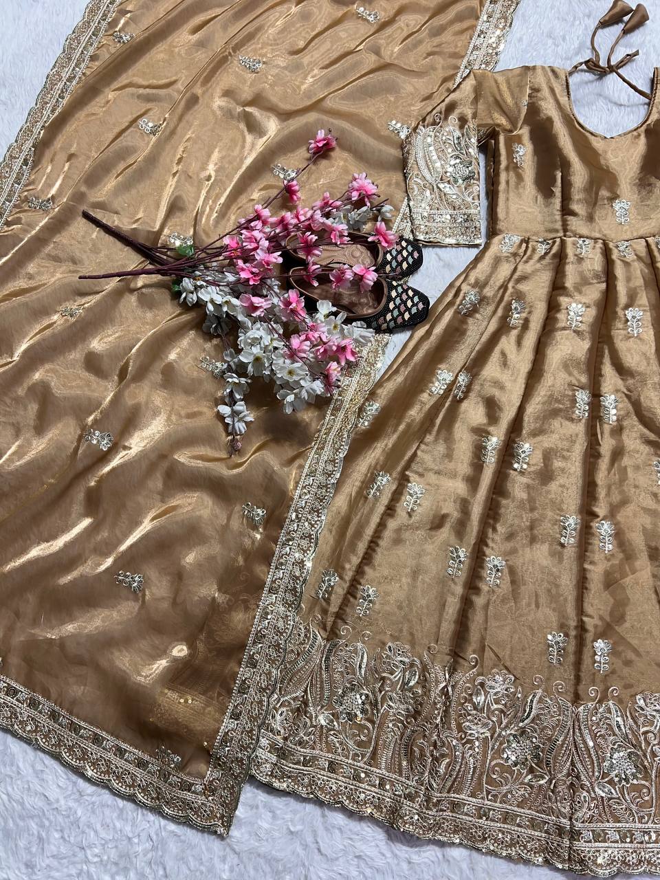 Luxury Beige Color Pure Jimmy Choo With Sequence And Embroidery Work Anarkali Suit