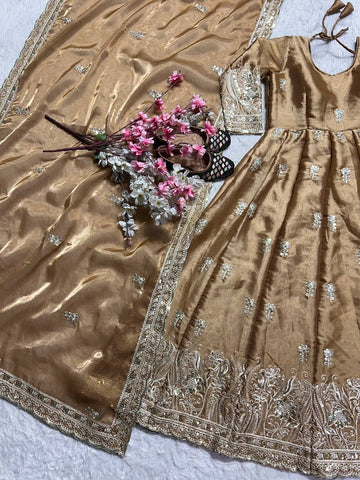 Luxury Beige Color Pure Jimmy Choo With Sequence And Embroidery Work Anarkali Suit