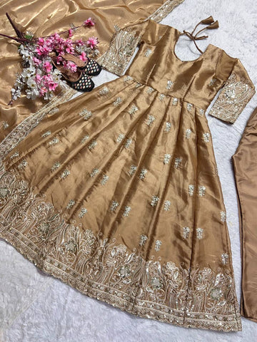 Luxury Beige Color Pure Jimmy Choo With Sequence And Embroidery Work Anarkali Suit