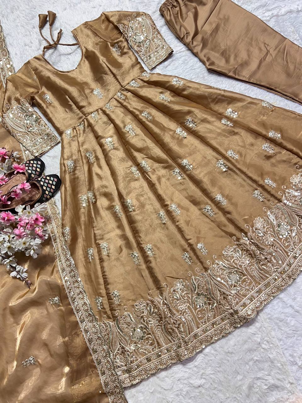 Luxury Beige Color Pure Jimmy Choo With Sequence And Embroidery Work Anarkali Suit