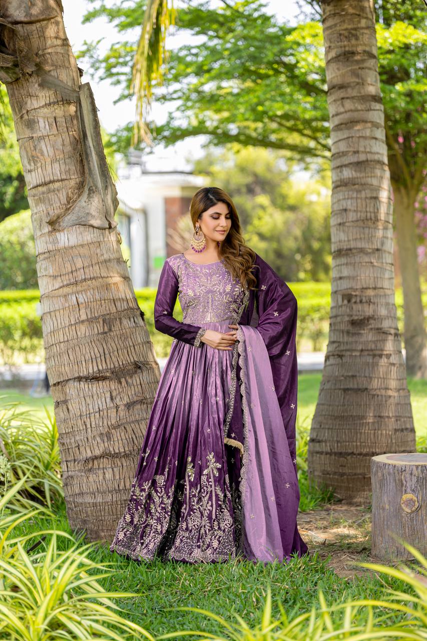 Wedding Wear Purple Color Pure Padding Chinon With Sequence Embroidery Work Gown