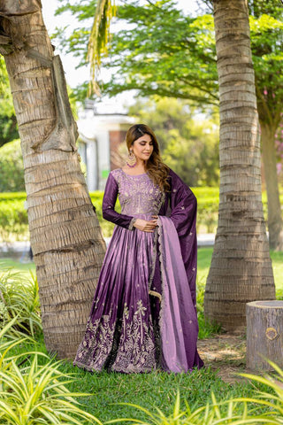 Wedding Wear Purple Color Pure Padding Chinon With Sequence Embroidery Work Gown