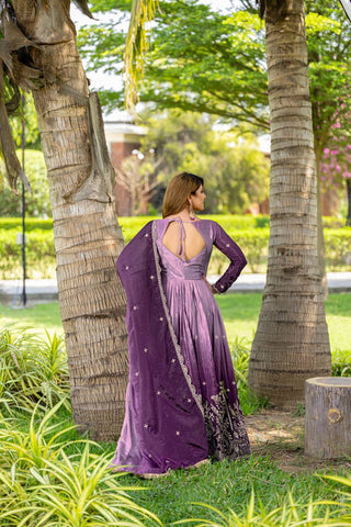 Wedding Wear Purple Color Pure Padding Chinon With Sequence Embroidery Work Gown