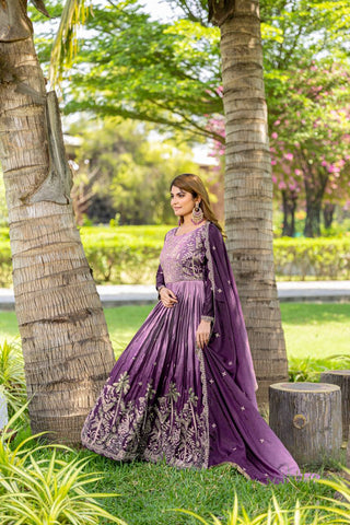 Wedding Wear Purple Color Pure Padding Chinon With Sequence Embroidery Work Gown