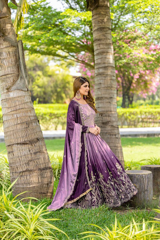 Wedding Wear Purple Color Pure Padding Chinon With Sequence Embroidery Work Gown