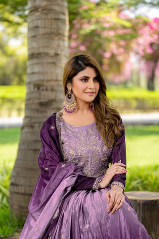 Wedding Wear Purple Color Pure Padding Chinon With Sequence Embroidery Work Gown