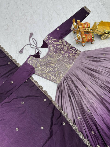 Wedding Wear Purple Color Pure Padding Chinon With Sequence Embroidery Work Gown