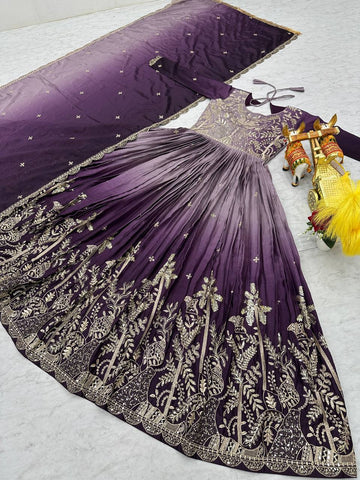 Wedding Wear Purple Color Pure Padding Chinon With Sequence Embroidery Work Gown