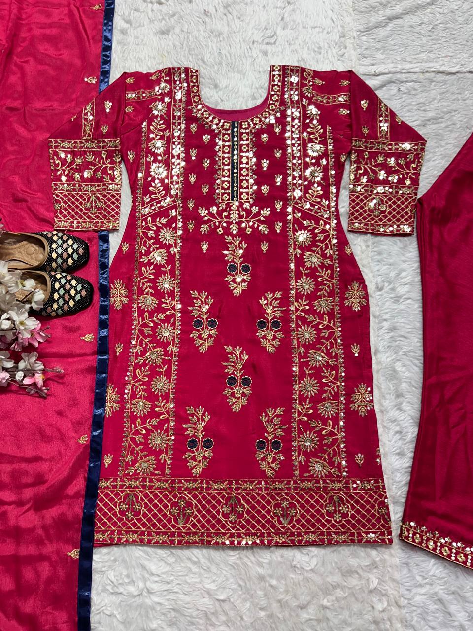 Ravishing Maroon Color Pure Heavy Chinon Silk With Sequence Multi Embroidery Work Salwar Suit