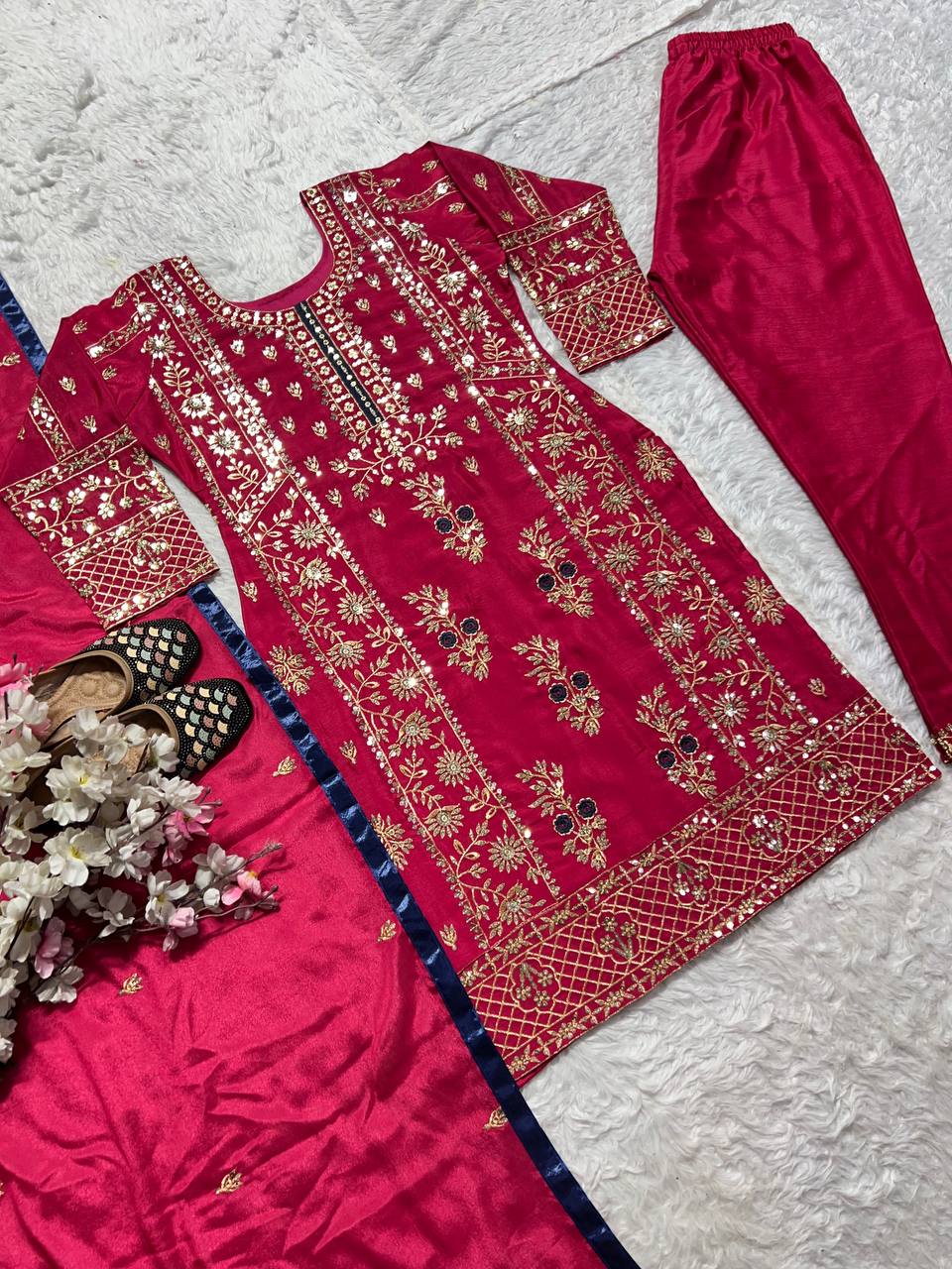 Ravishing Maroon Color Pure Heavy Chinon Silk With Sequence Multi Embroidery Work Salwar Suit